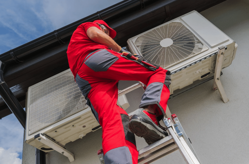 Man in red pants, shirt, and hat standing on a ladder working on an outdoor AC unit on the side of a building